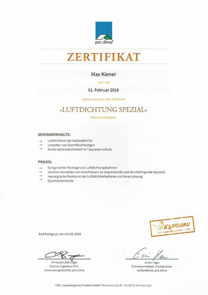 Luftdichtung Zertifikat